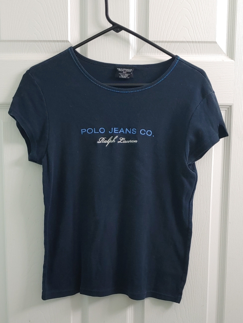 VTG Y2K Polo Jeans Co Ralph Lauren Womens L T Shirt Navy Logo Baby Tee